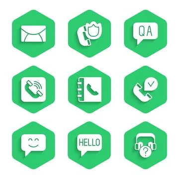 Set Phone book, Hello in different languages, Headphones with question, Tel.. Stock Illustration