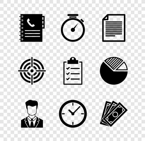 Set Phone book, Stopwatch, Document, User of man in business suit, Clock and 스톡 일러스트