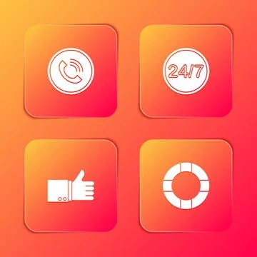 Set Phone call, Clock 24 hours, Hand thumb up and Lifebuoy icon. Vector Stock Illustration
