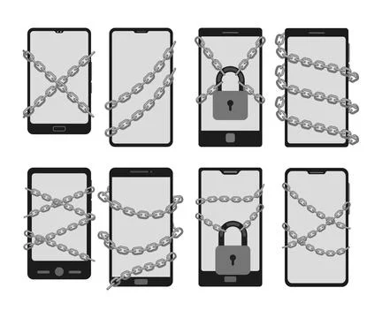 Set of Phone with Chains Set Collection, Smartphone Addiction : How Mobile .. Stock Illustration