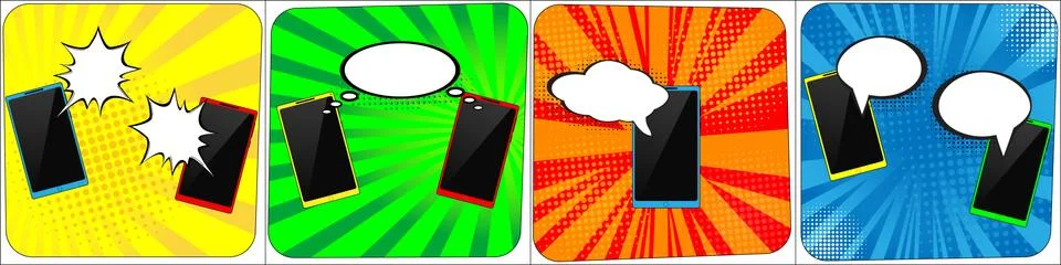 Set of phones with speech comics bubbles. Creative concept vector comic pop 스톡 일러스트
