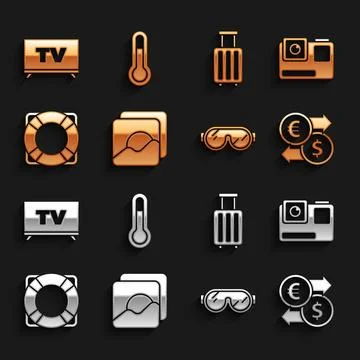 Set Photo, Action extreme camera, Money exchange, Ski goggles, Lifebuoy, Su.. Stock Illustration