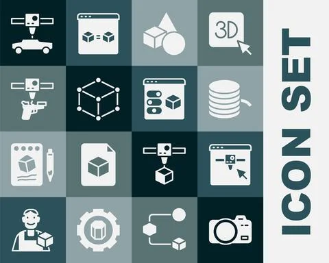 Set Photo camera, 3D printer setting, Filament for, Basic geometric shapes Stock Illustration