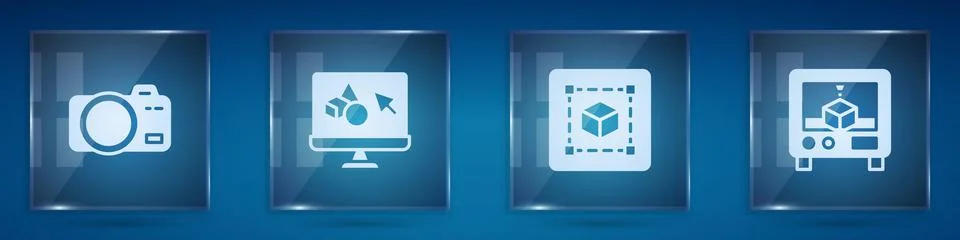 Set Photo camera, 3D printer software, Geometric figure Cube and . Square glass Ilustração Stock