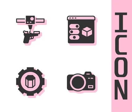 Set Photo camera, 3D printer gun, setting and  icon. Vector Stock Illustration