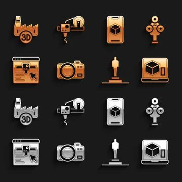 Set Photo camera, 3D scanner, printer, model, setting, software, Printing house Stock Illustration