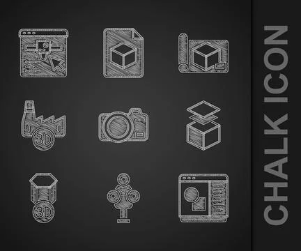 Set Photo camera, 3D scanner, printer software, Layers, Printing house indu.. Stock Illustration