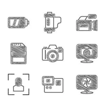 Set Photo camera, Action extreme, Camera shutter, focus frame line, SD card Stock Illustration