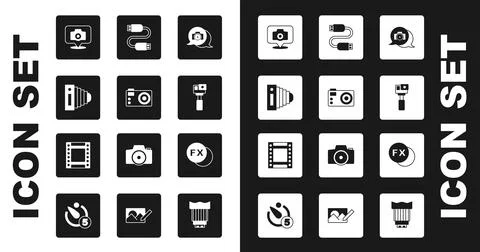 Set Photo camera, Action, USB cable cord, fx and Camera roll cartridge icon.. Stock Illustration