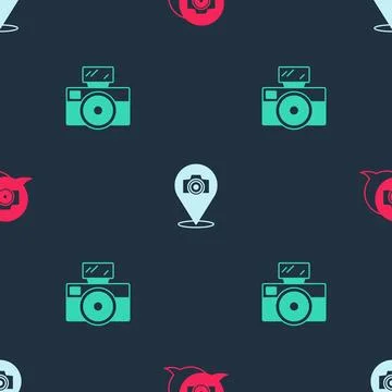 Set Photo camera, and with flash on seamless pattern. Vector 스톡 일러스트