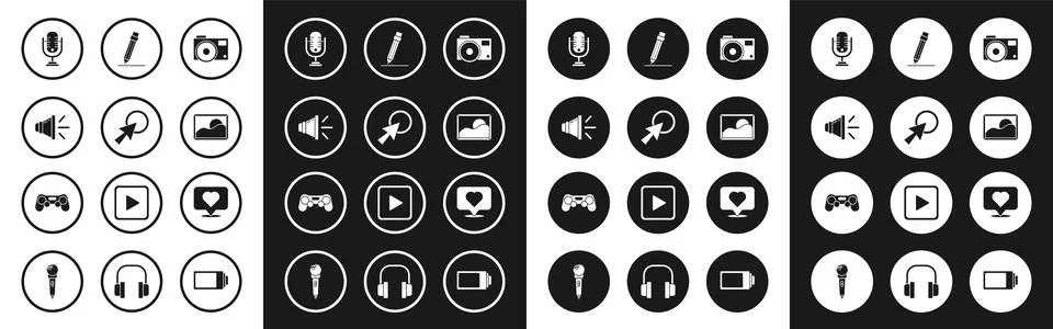 Set Photo camera, Arrow cursor, Speaker volume, Microphone, Picture landsca.. Illustrazione stock