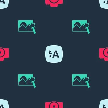 Set Photo camera, Auto flash and retouching on seamless pattern. Vector 스톡 일러스트