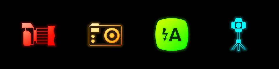 Set Photo camera, , Auto flash and Softbox light icon. Vector Stock Illustration