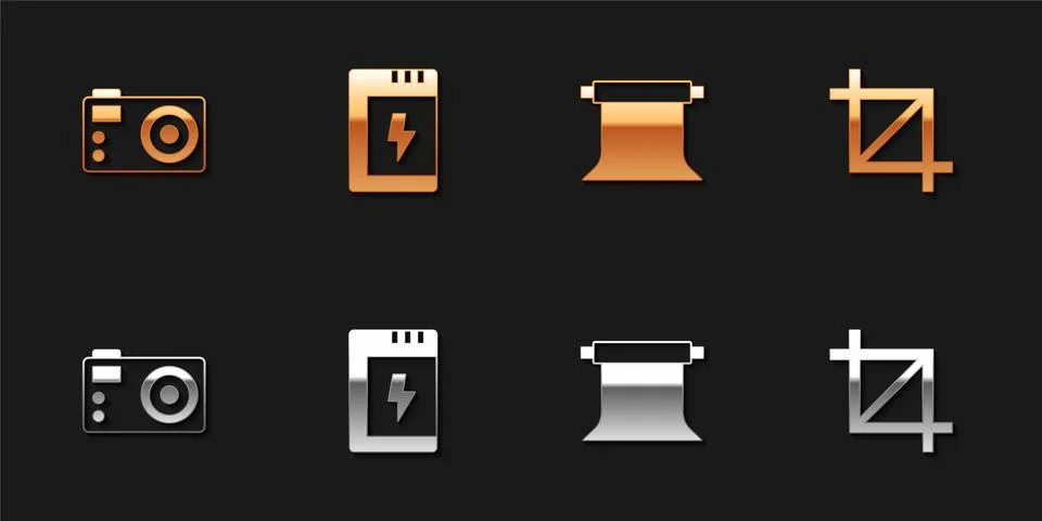 Set Photo camera, Battery for, Empty photo studio and Picture crop icon. Vector Stockillustratie