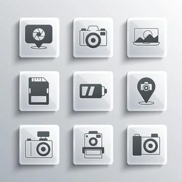 Set Photo camera, Battery for, SD card, Camera shutter and retouching icon 스톡 일러스트