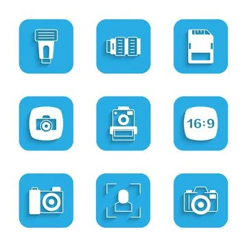 Set Photo camera, Camera focus frame line, 16, SD card and flash icon. Vector 스톡 일러스트