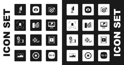 Set Photo camera, Camera focus frame line, Studio light bulb softbox, retouching Stock-Illustration