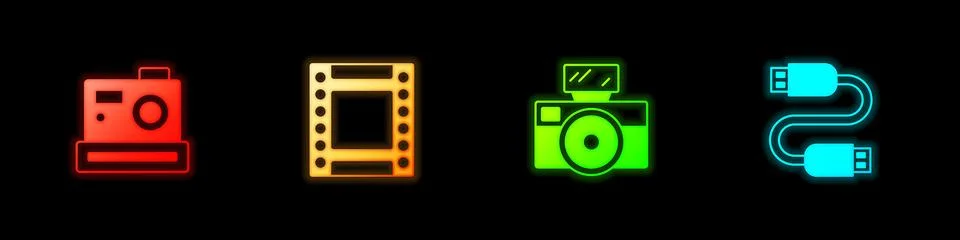Set Photo camera, Camera roll cartridge, with flash and USB cable cord icon Stock Illustration