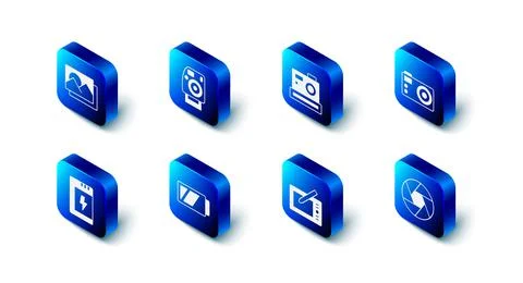 Set Photo camera, Camera shutter, Graphic tablet, Battery for, and frame icon Illustrazione stock