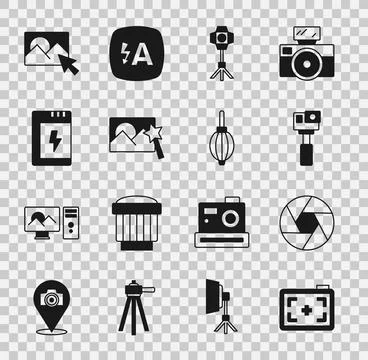 Set Photo camera, Camera shutter, Action, Softbox light, retouching, Battery for Illustrazione stock