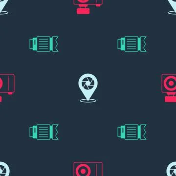 Set Photo camera, Camera shutter and photo lens on seamless pattern. Vector Stock Illustration