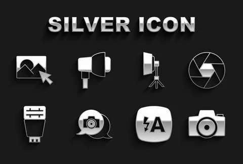 Set Photo camera, Camera shutter, Auto flash, Softbox light, retouching and icon Illustrazione stock