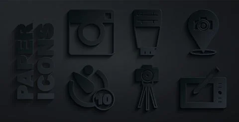 Set Photo camera, Camera timer, Graphic tablet, flash and icon. Vector Stock Illustration