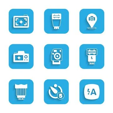 Set Photo camera, Camera timer, Auto flash, photo lens, and icon. Vector Illustrazione stock