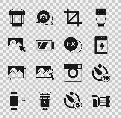 Set Photo camera, Camera timer, Battery for, Picture crop photo, retouching Stockillustratie