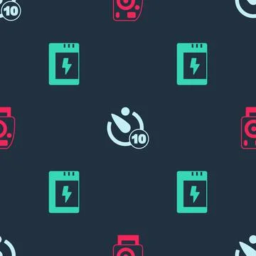 Set Photo camera, Camera timer and Battery for on seamless pattern. Vector イラスト素材