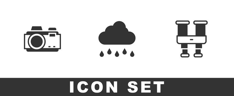 Set Photo camera, Cloud with rain and Binoculars icon. Vector Illustrazione stock