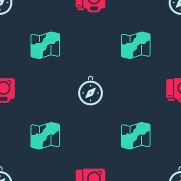 Set Photo camera, Compass and Camping and hiking on map on seamless pattern.. 库存插图