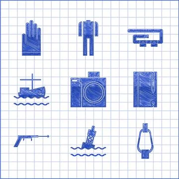 Set Photo camera for diver, Floating buoy on the sea, Carabiner, Underwater note Stock Illustration