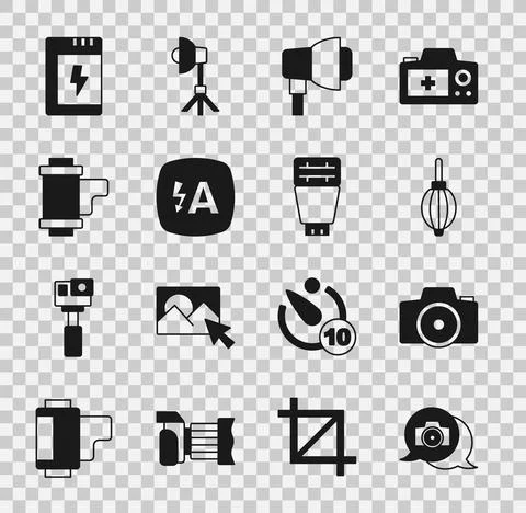 Set Photo camera, Dust blower, Softbox light, Auto flash, Camera roll cartridge 库存插图