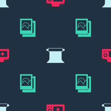 Set Photo camera, Empty photo studio and frame on seamless pattern. Vector Stock Illustration