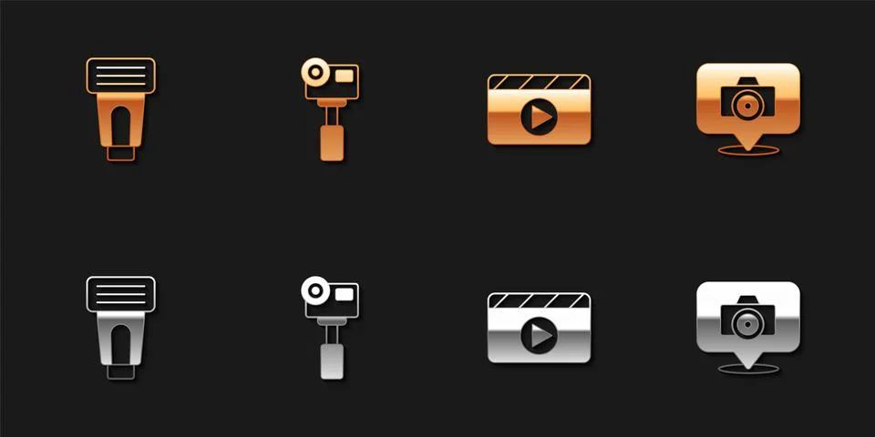 Set Photo camera flash, Action extreme, Movie clapper and icon. Vector Stock Illustration