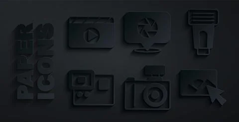 Set Photo camera, flash, Action extreme, retouching, Camera shutter and Movie Illustrazione stock