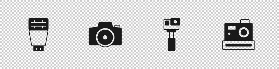Set Photo camera flash, , Action and  icon. Vector Stock Illustration