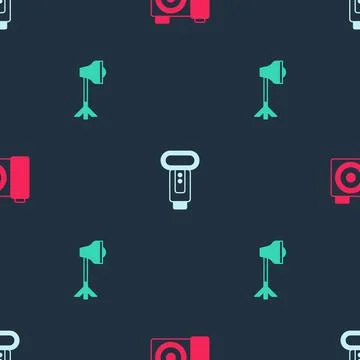 Set Photo camera, flash and Studio light bulb in softbox on seamless pattern 스톡 일러스트