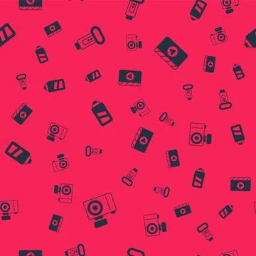 Set Photo camera, flash, Battery for and Movie clapper on seamless pattern... Stock Illustration