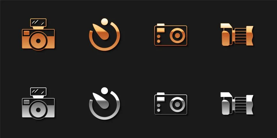 Set Photo camera with flash, Camera timer, and icon. Vector イラスト素材