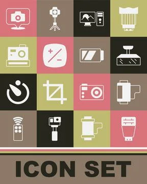 Set Photo camera flash, Camera roll cartridge, Softbox light, retouching Stockillustratie