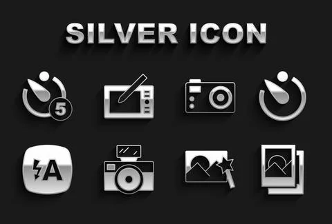 Set Photo camera with flash, Camera timer, frame, retouching, Auto, and Graphic Stock Illustration