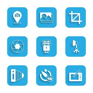 Set Photo camera flash, Camera timer, Graphic tablet, Softbox light, shutter Illustrazione stock