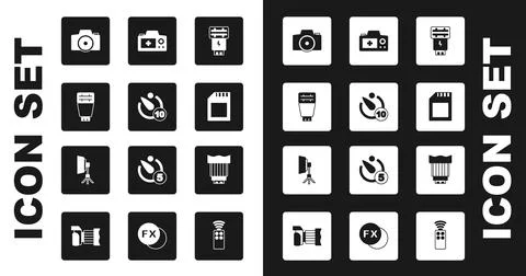 Set Photo camera flash, Camera timer, SD card, photo lens and Softbox light icon Stock Illustration
