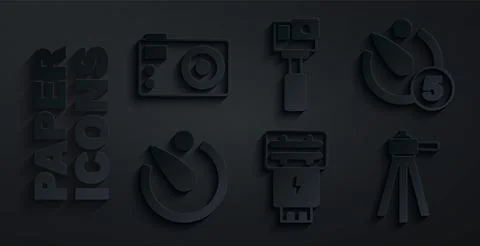 Set Photo camera flash, Camera timer, Tripod, Action and icon. Vector Stock Illustration