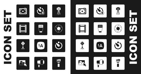 Set Photo camera, flash, Camera roll cartridge, shutter, timer, and Softbox Stock Illustration