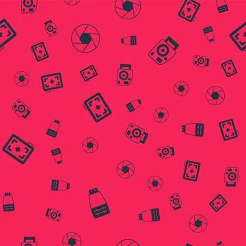 Set Photo camera flash, Camera shutter, and on seamless pattern. Vector Illustrazione stock