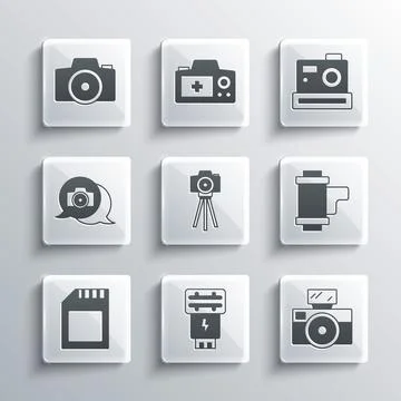 Set Photo camera flash, with, Camera roll cartridge, SD card, and icon. Vector 스톡 일러스트