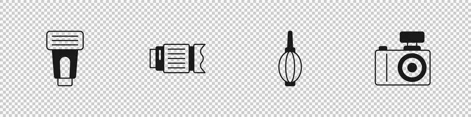 Set Photo camera flash, Camera photo lens, Dust blower and icon. Vector Stock Illustration